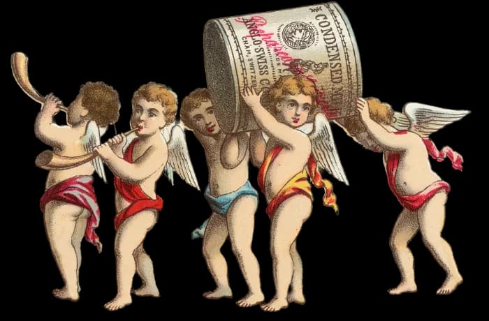 Angels protecting a bundle of cash, symbolizing wealth preservation and security.
