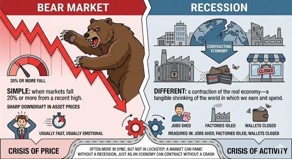 Infographic distinguishing a Bear Market (defined by a 20% price drop) from a Recession (defined by economic contraction like job losses), connected by gears to show they are related but distinct.