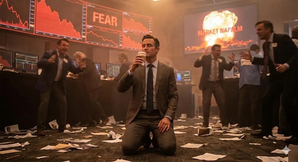 Illustration of a businessman kneeling calmly with a coffee cup in the middle of a chaotic trading floor, with screens flashing red and a mushroom cloud labeled "Market Napalm" in the background.